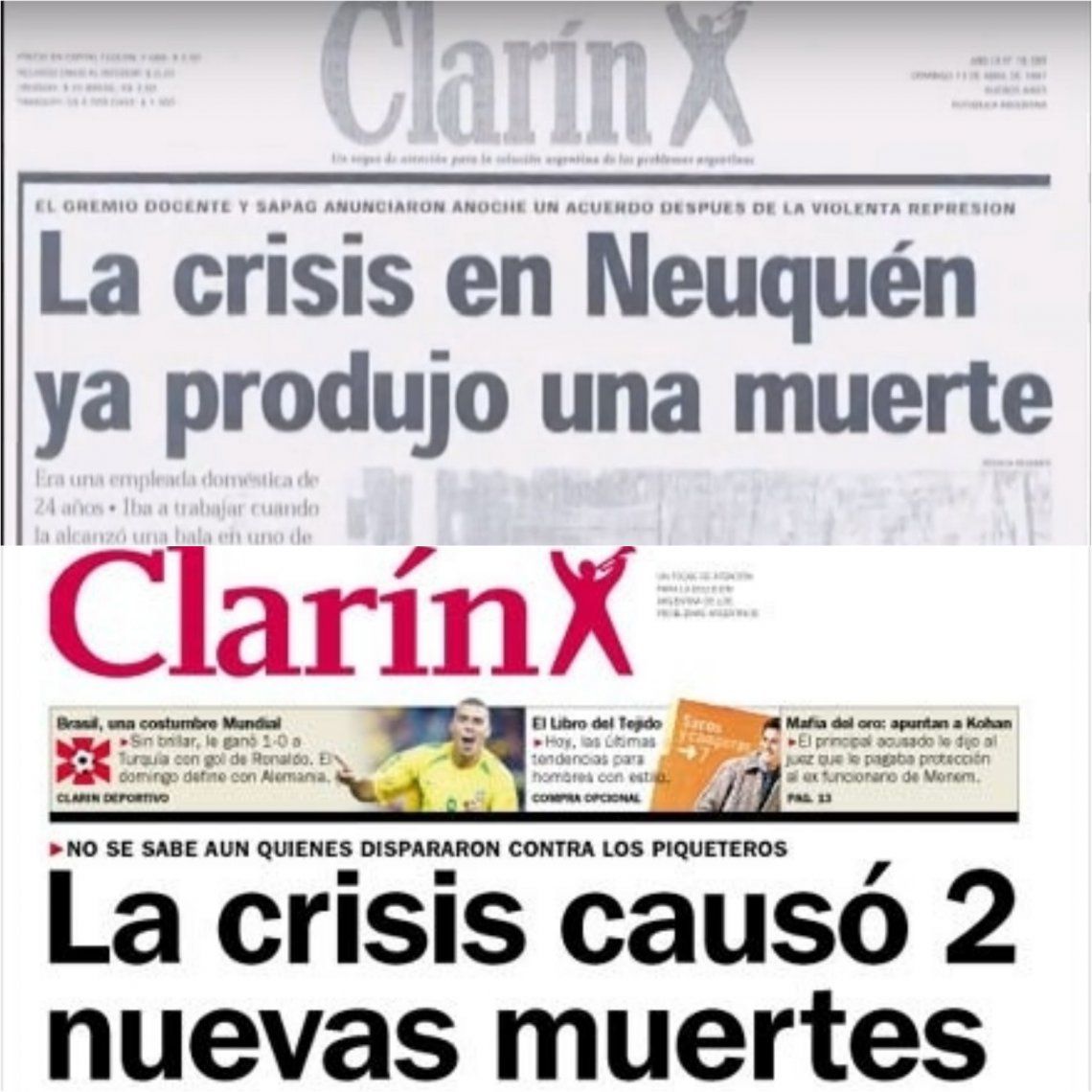 Cuando asesinaron a Teresa Rodríguez en Neuquén, Clarín tituló casi de idéntica manera a cuando fusilaron a Darío y Maxi en Avellaneda. Una praxis sistémica. 